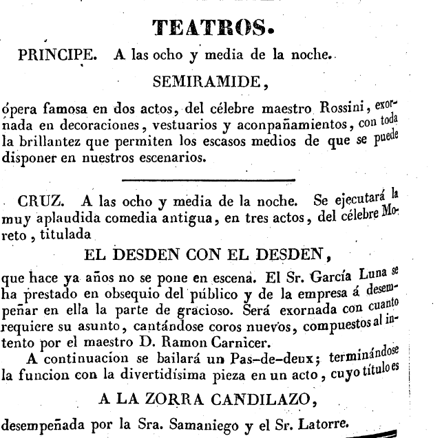 Cartelera teatral publicada en la Gaceta de Madrid el 6 de agosto de 1837