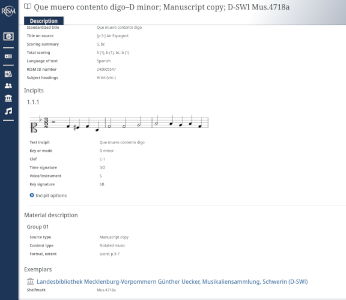 Ficha en el catálogo RISM de Que muerto contento digo en D-SWl Mus. 4718a