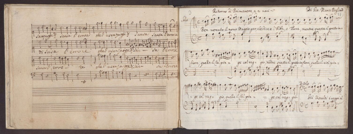 Folios 20’ y 21’ del manuscritos A-Wn Mus Hs. 18762 donde se observa el cambio de papel