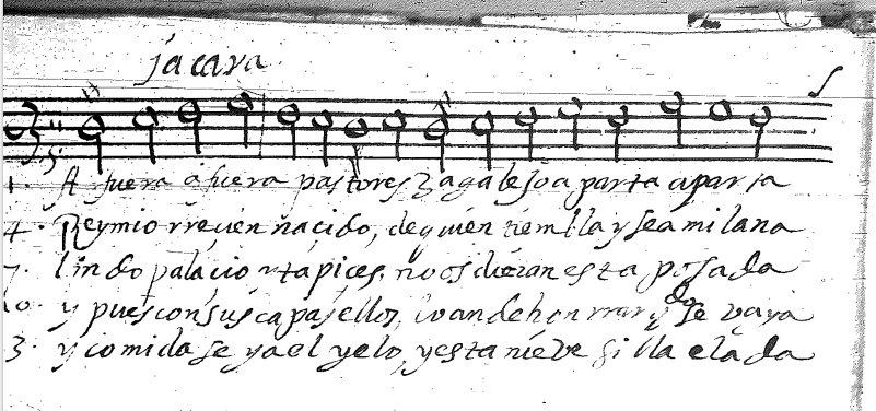 Detalle de una de las particellas del villancico ¡Afuera, afuera, pastores! musicado por Juan Gutiérrez de Padilla en Puebla