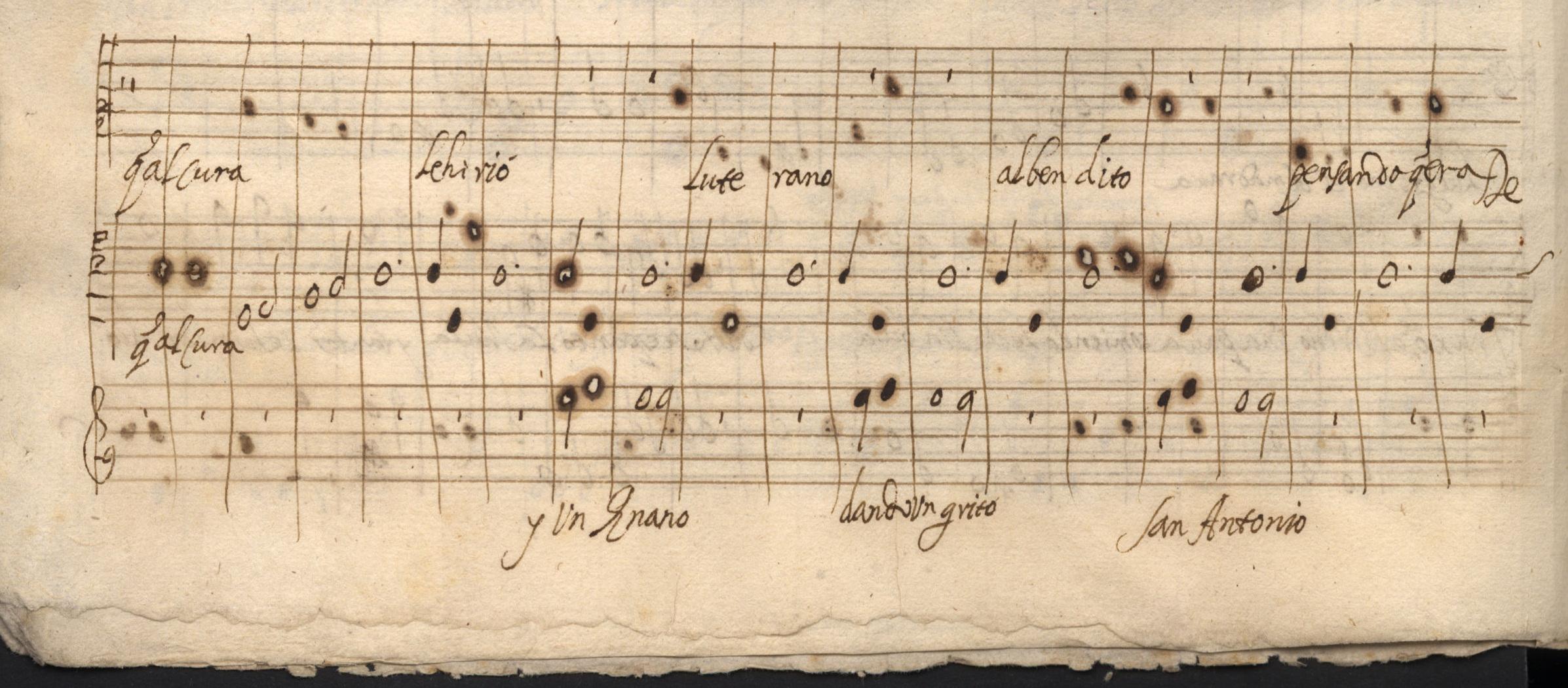 Fragmento de la copla 2ª donde falta la música del alto. P-Cug MM-232 (f. 3v)
