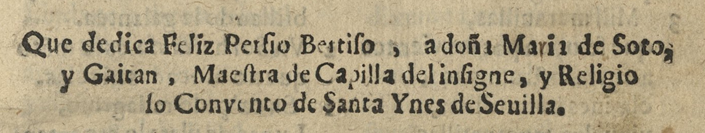 Detalle de la portada de la edición de 1634 de La harpa de Belén con la dedicatoria a María de Soto y Gaitán