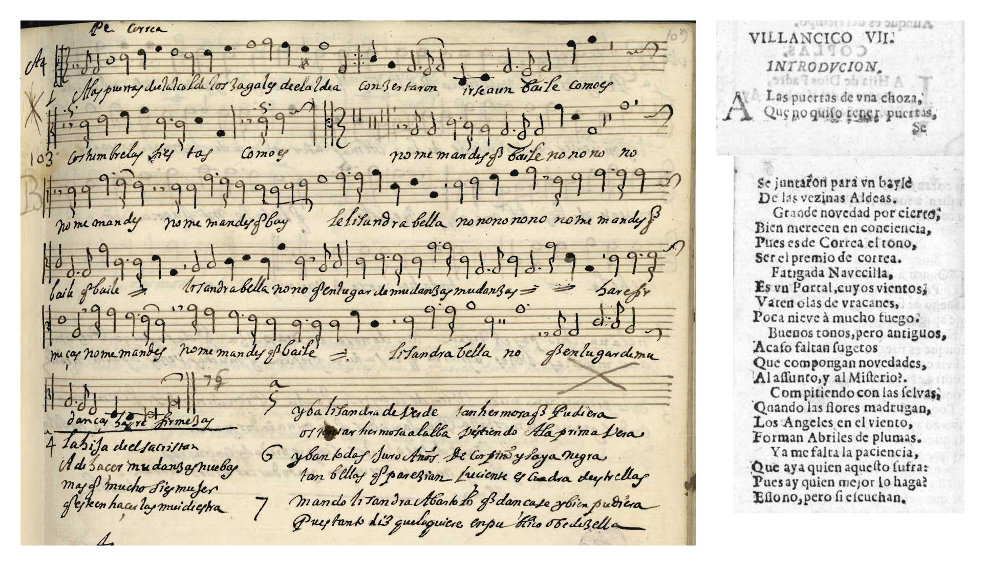 Izquierda: detalle de la 3ª voz de A las puertas del alcalde en el Libro de Tonos Humanos E-Mn M/1262 f. 109. Derecha: Detalle del texto del villancico A las puertas de una choza incluido en los villancicos cantados en la Capilla Real en 1690.