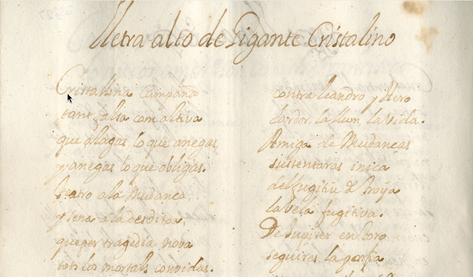 Detalle del poema Cristalina Campaña p. 328. E-RIblm FONS MATA Ms.LXVIII