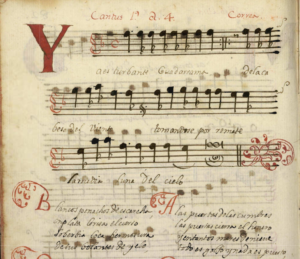 Detalle de la página 82v del Cancionero de Onteniente E-Mn MSS/21741 con la primera copla Ya es turbante Guadarrama y la segunda Blancos penachos de escarcha.