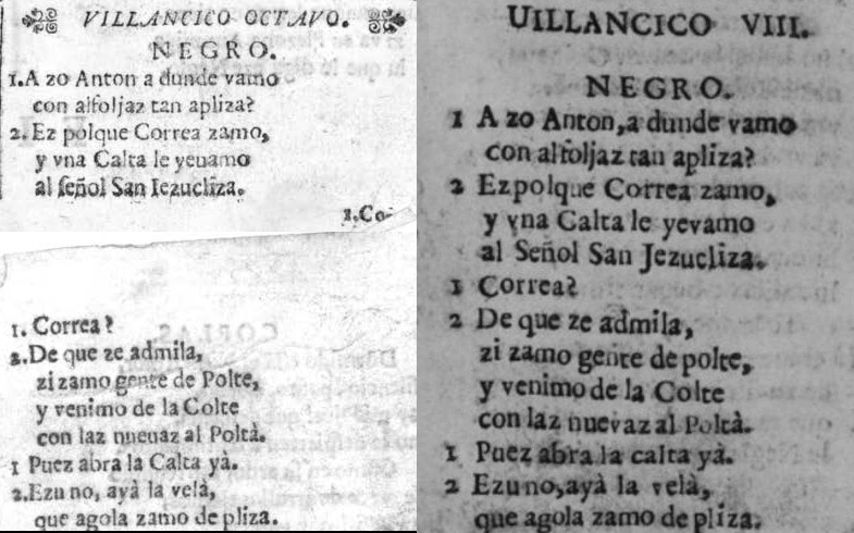Izquierda: detalle del villancico A zo Anton en el pliego publicado en 1670. Derecha: detalle del mismo villancico publicado en la Lyra Poética de Vicente Sánchez en 1688