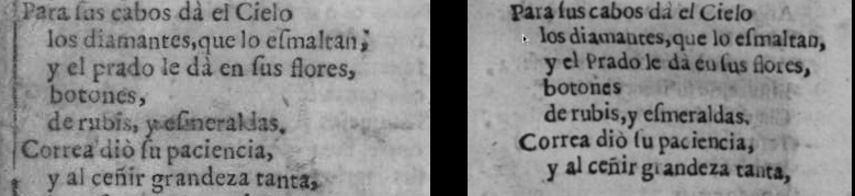 Izquierda: detalle del villancico Desnudo Infante en el pliego publicado en 1674. Derecha: detalle del mismo villancico publicado en la Lyra poética de Vicente Sánchez en 1688