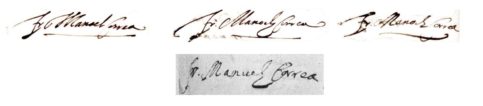 Arriba: las tres firmas de Correa en los documentos del proceso inquisitorial de Lisboa. Abajo: la firma de Correa recortada de un poder notarial otorgado por los residentes del Convento del Carmen de Madrid en 1638