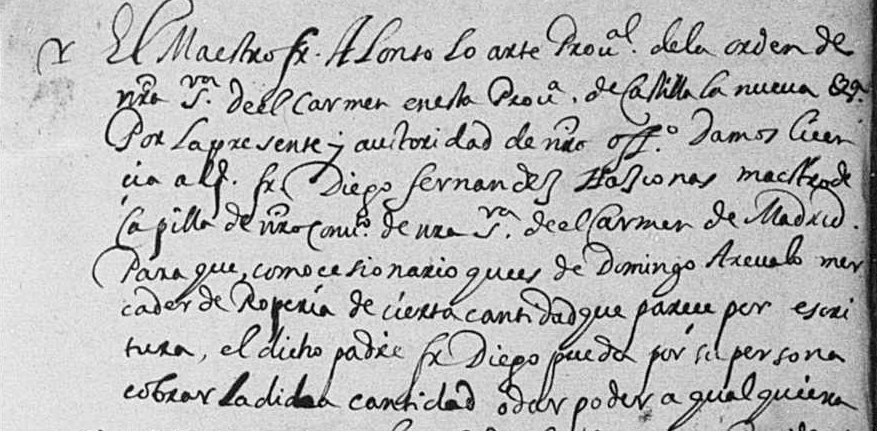 Detalle del folio 564r del tomo 3007 de protocolos Notariales de Madrid de 1631 con la mención al maestro de capilla Diego Fernández de Azcona