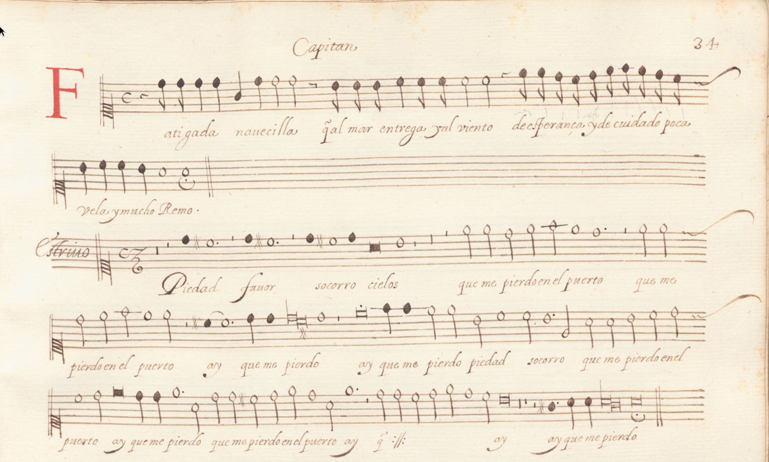 Primera voz de Fatigada Navecilla, f. 34r del Cancionero de la Sablonara.