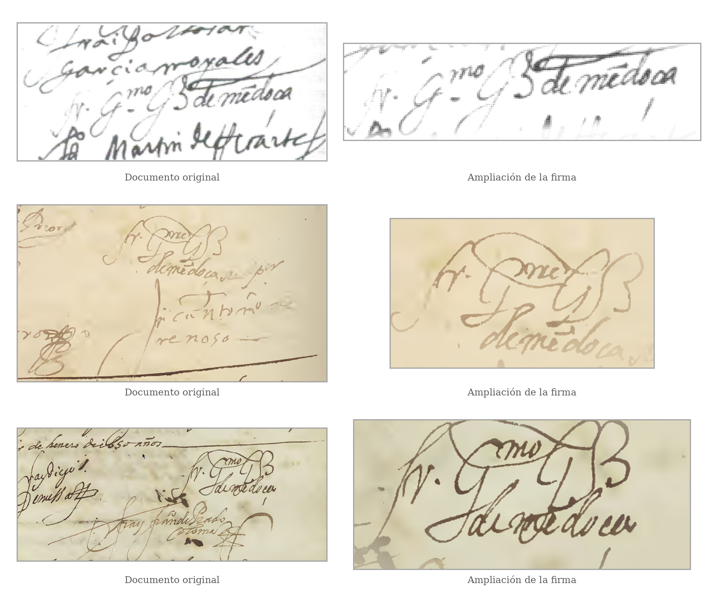 Cotejo de las firmas de fray Gerónimo González de Mendoza. Arriba: firma de 1636 en el Convento del Carmen en Madrid. Centro: firma de 1647 en el Convento del Carmen de Sevilla. Abajo: firma de 1650 en el Convento del Carmen de Sevilla