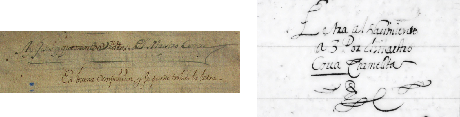 Izquierda: portada del manuscrito de Ay Jesús y que mar de bravatas perteneciente a la Catedral de Guatemala. Derecha: portada del manuscrito de Qué brillantes en hebras de oro conservado en la Catedral de Bogotá. Ambas usan la palabra maestro