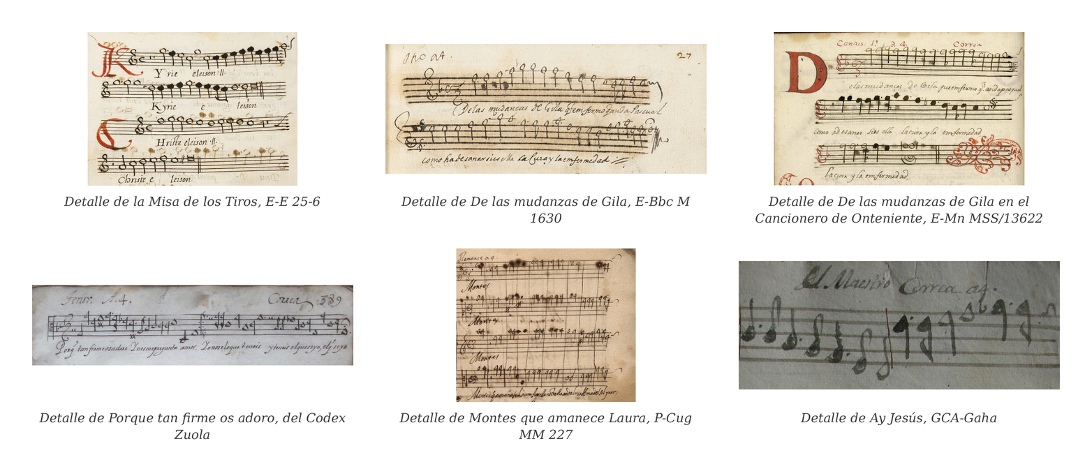 Detalle de diferentes manuscritos con música de fray Manuel Correa