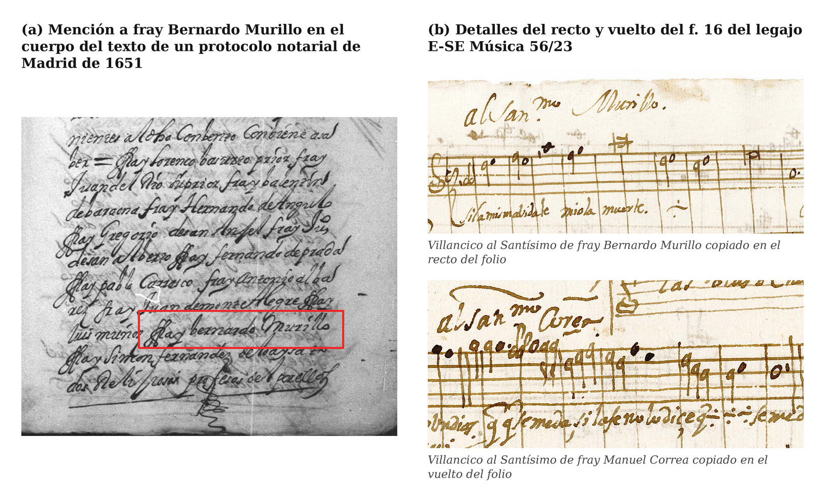 Izquierda: detalle de la mención a fray Bernardo Murillo en un documento del Convento del Carmen de 1651. E-Mahp Protocolos notariales de Madrid tomo 3546 de 1651. Derecha: detalles de obras de fray Bernardo Murillo y de fray Manuel Correa copiadas en el mismo folio.