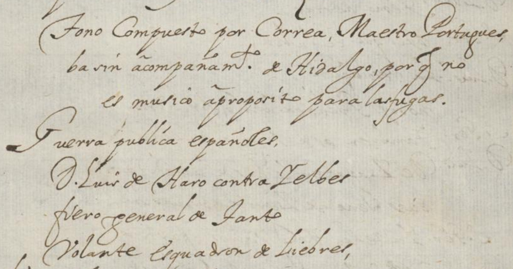 Detalle del folio f. 2r del manuscrito E-Mn MSS/17387 con el Tono compuesto por Correa para la falsa comedia El engaño en la victoria