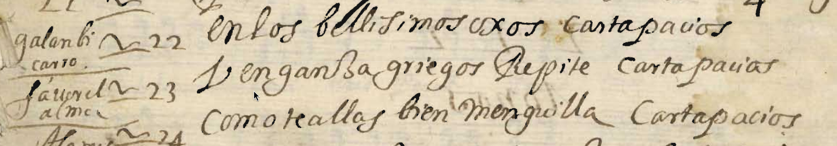 Detalle de la parte final de la tabla de otros tonos del Libro de Tonos Humanos donde aparece Venganza griegos, repite. E-Mn M/1262 f. 261r
