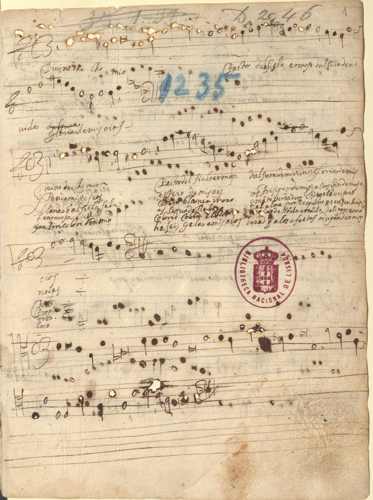 recto del folio 1 del manuscrito P-Ln COD. 1235 con las coplas del tono Divino dueño mío. Digitalización de la Biblioteca Nacional de Portugal directamente del original