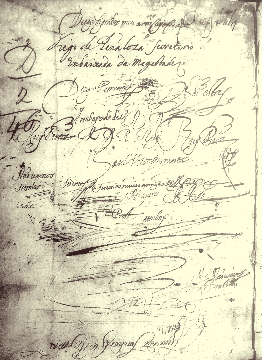 Hoja de guarda del manuscrito P-Ln COD. 1235 con las pruebas de escritura. Digitalización de la Biblioteca Nacional de Portugal a partir de una copia microfilmada