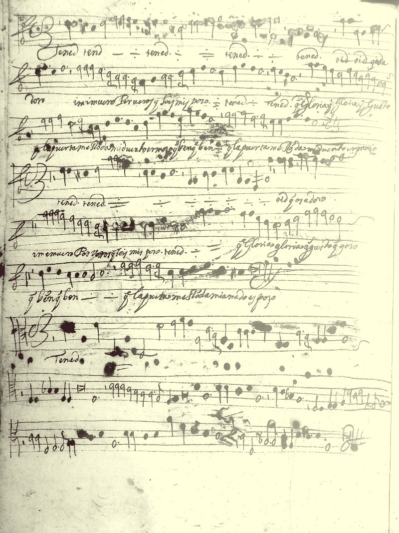 verso del folio 1 del manuscrito P-Ln COD. 1235 con el estribillo del tono Divino dueño mío. Digitalización de la Biblioteca Nacional de Portugal a partir de una copia microfilmada