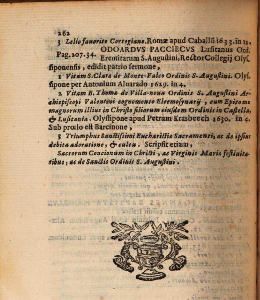 Última entrada de la adenda de Apes urbanae de Leone Allacci que corresponde a Duarte Pacheco latinizado como Odoardvs Pacciecvs
