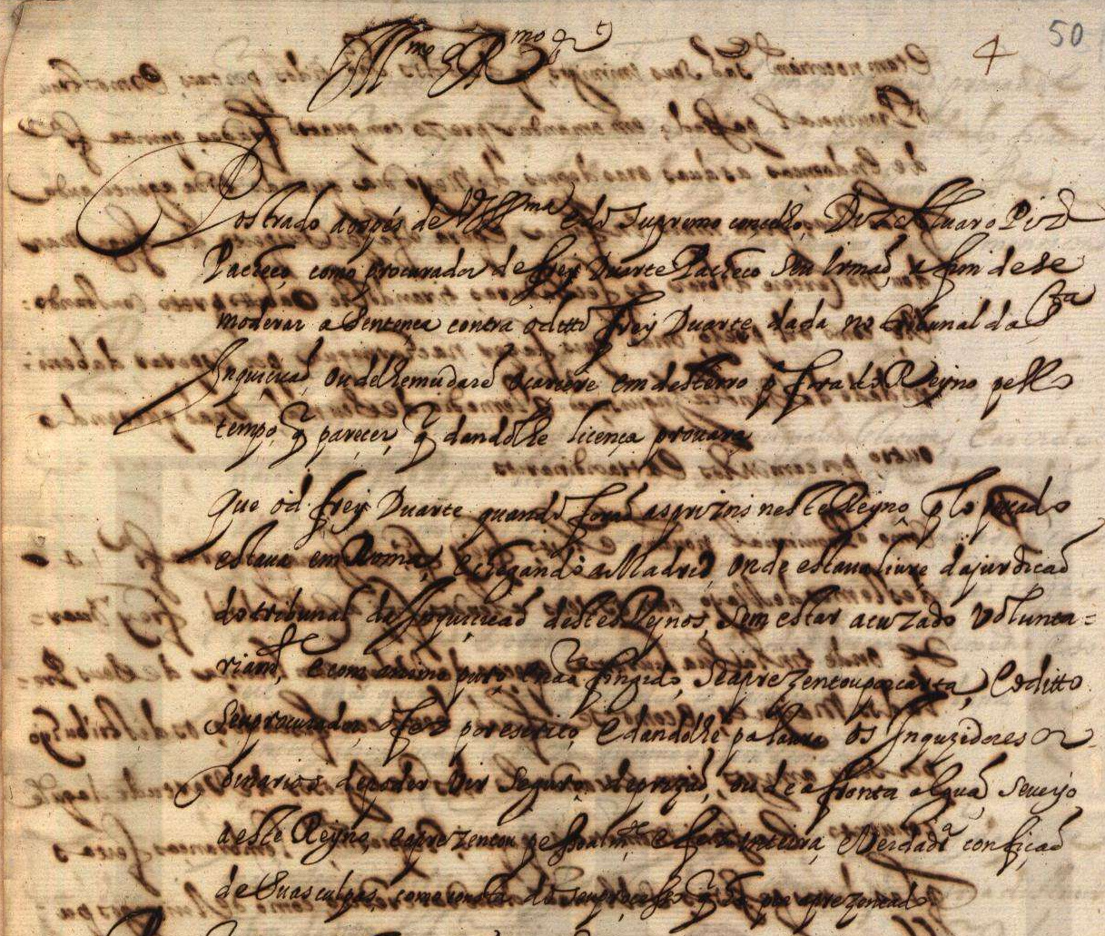 Comienzo del recurso presentado por el hermano de Fray Duarte Pacheco ante el tribunal de la Inquisición de Lisboa. P-Lant PT/TT/TSO-IL/028/04899 Folio 32