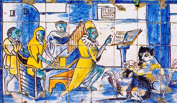 Lección de música con animales antropomórficos. Azulejos del palacio de Marqués de Fronteira. Fotografía de Rainer Marggraf