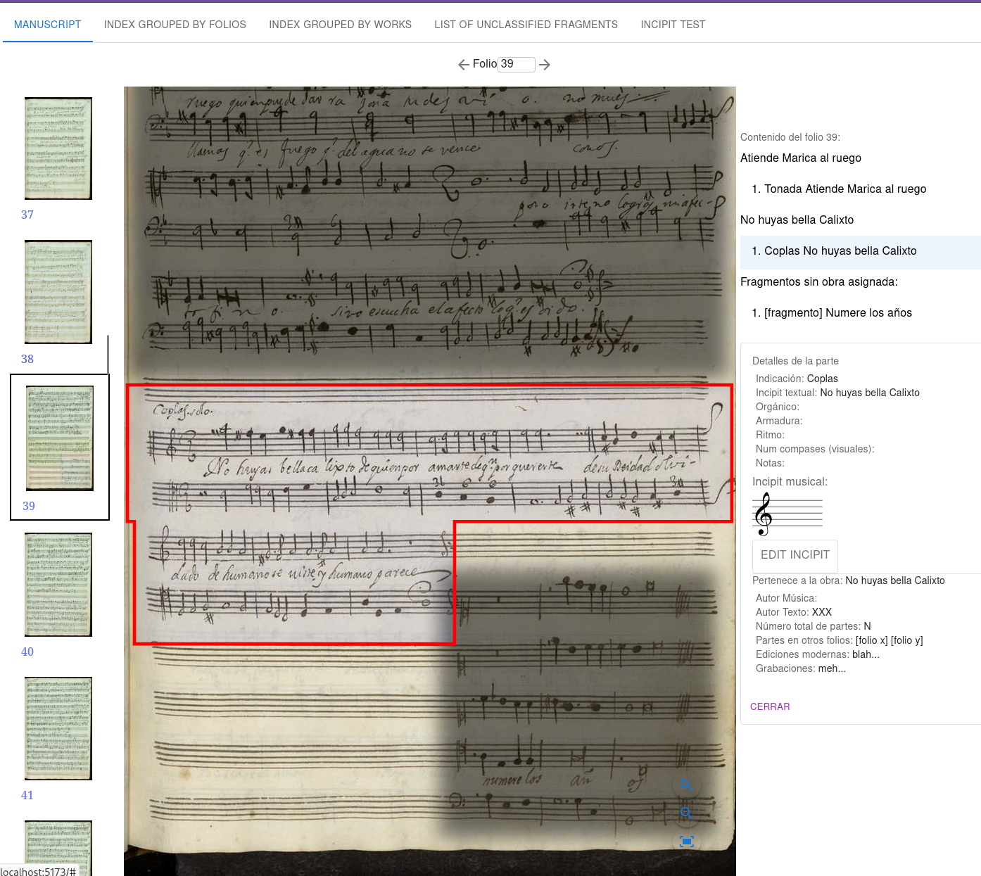 Folio 39 del manuscrito Gayangos-Barbieri visualizado en la herramienta de clasificación aún en desarrollo por humanoydivino.com