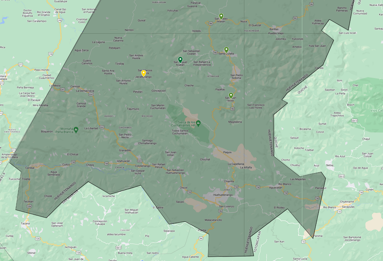 Mapa del departamento de Huehuetenango. A un lado Santa Eulalia, San Juan Ixcoi y San Mateo Ixtatán, origen de los códices de San Miguel Acatán y al otro Jacaltenango