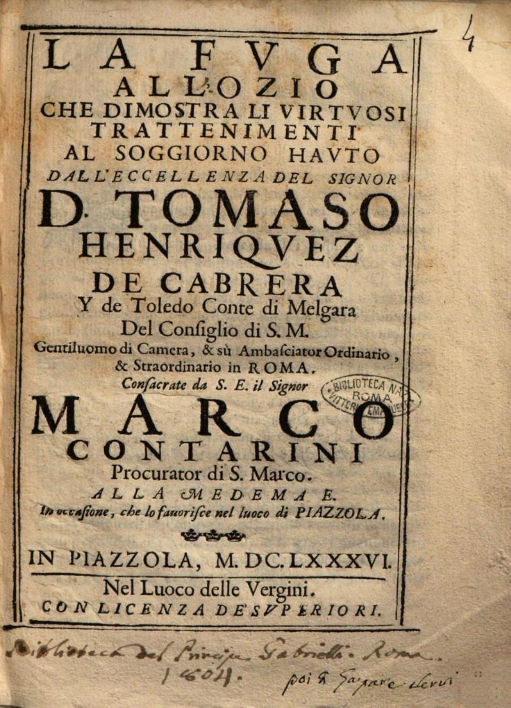 Portada del libreto de La fuga all&rsquo;ozio representada en honor del duque de Melgar