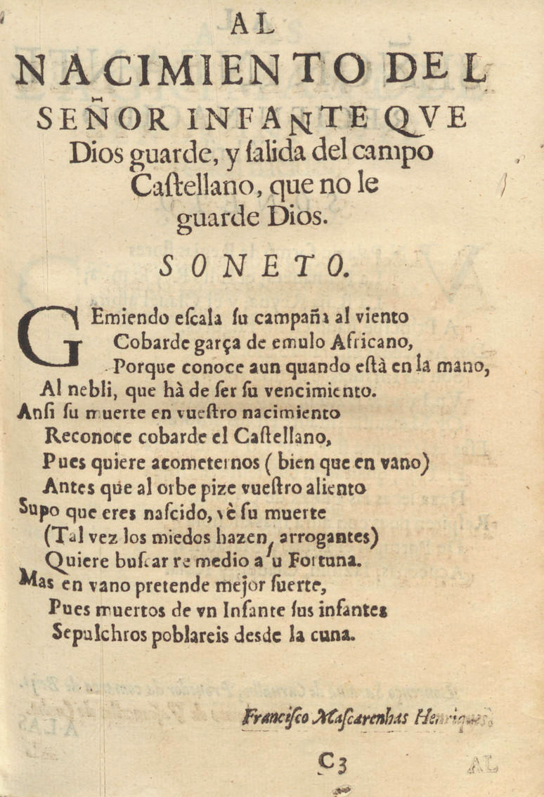 Soneto de Francisco Mascarenhas Henriques publicado por la Academia dos Generosos