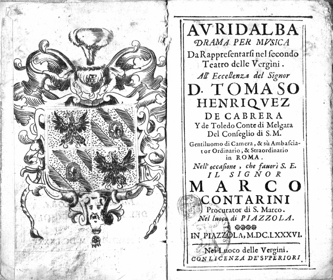 Portada del libreto de Auridalba representada en honor del duque de Melgar