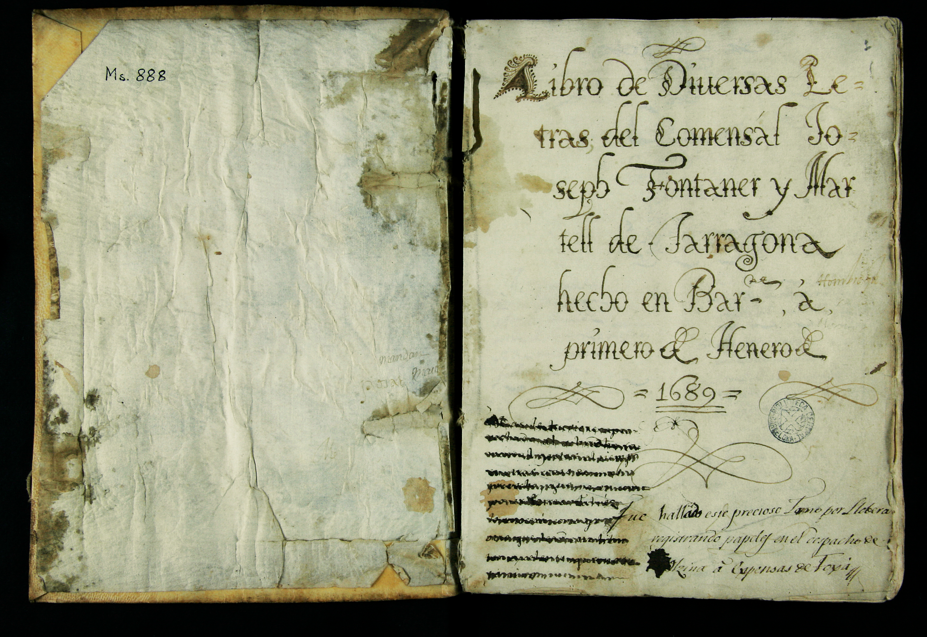 Portada del manuscrito de Josep Montaner Ms 888 de la Biblioteca Nacional de Catalunya