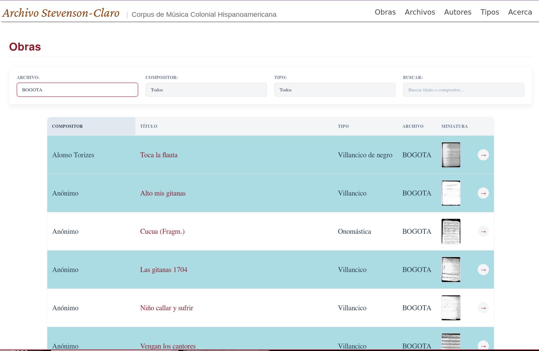 Aspecto del listado de obras