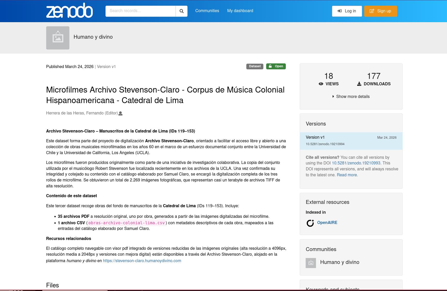 Vista de uno de los datasets disponibles en Zenodo