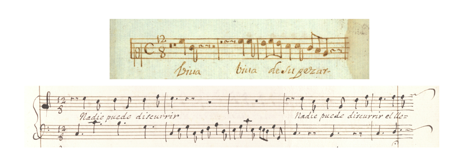 Uso del compás de 12/8. Arriba: Fragmento de Viva pues mi fineza del manuscrito de Tentúgal. Abajo: fragmento de la cantada Sobre las ondas azules de José de Torres incluida en el manuscrito Mackworth (GB-CDu GB 1239 442/14). Atendiendo a la semejanza estilística, podemos suponer que Viva pues mi fineza contendría una respuesta instrumental durante los silencios de la parte vocal, como sucede en Sobre las ondas azules