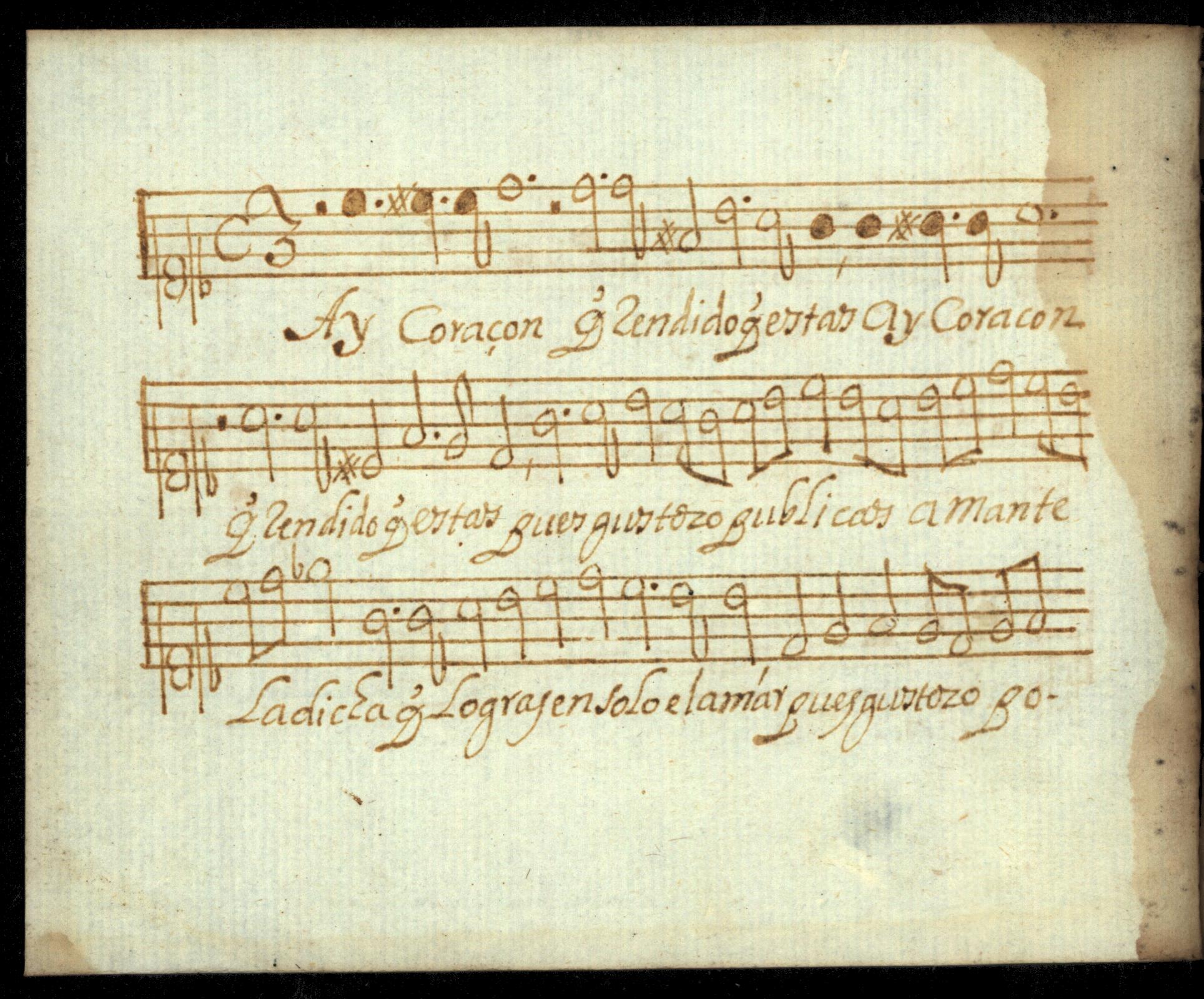 Folio 30v con el estribillo Ay corazón que rendido perteneciente al primer bloque