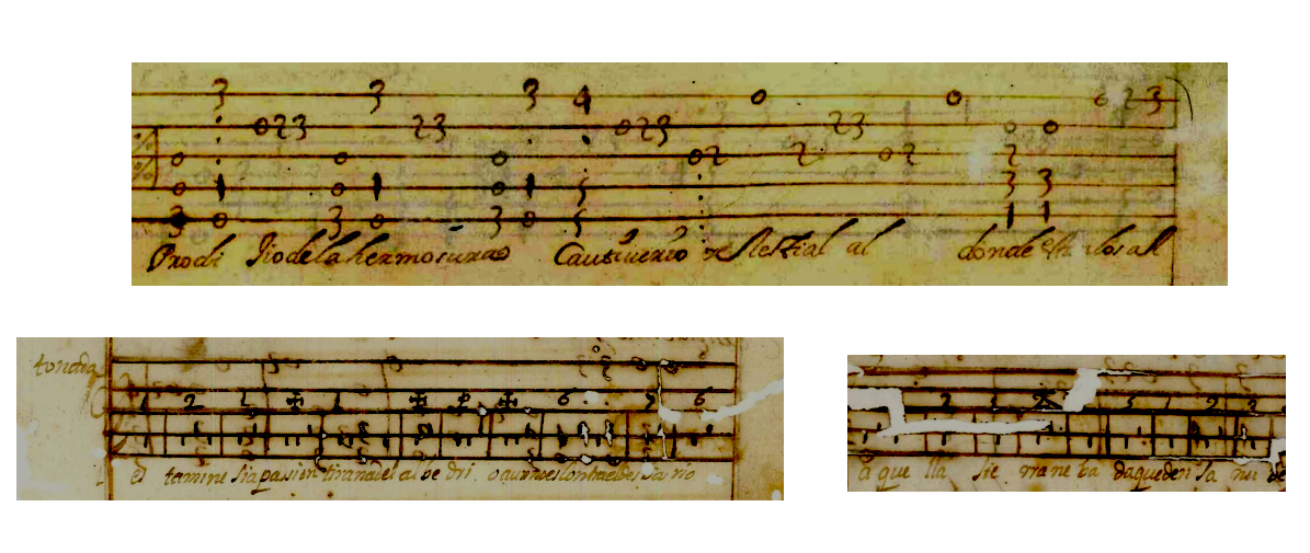 Detalles de Manuscritos del Archivo histórico provincial de Málaga. Arriba: Prodigio de la hermosura. Abajo: Esta es mi necia pasión y Aquella sierra nevada